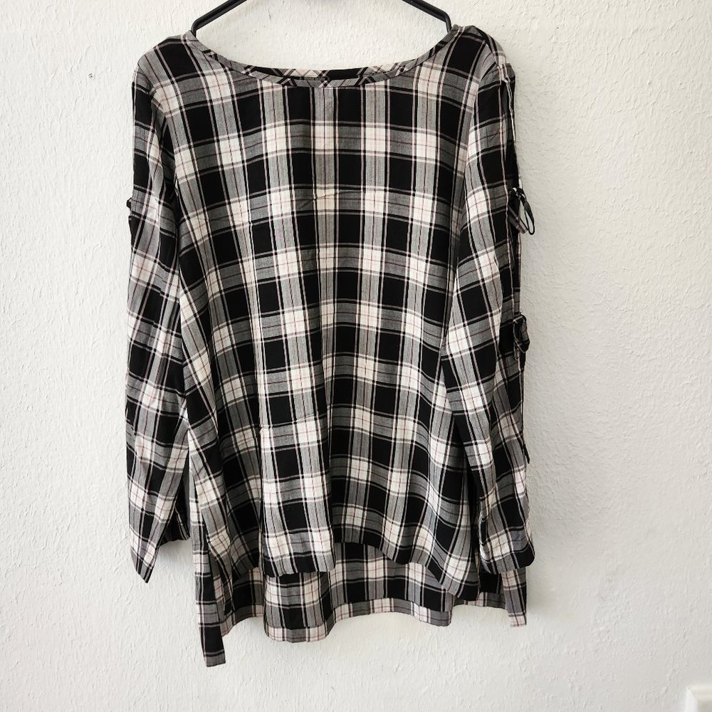 Loft Womens Top Plaid Open Tie Arm Sleeve Pullover Blouse Black White Longsleeve